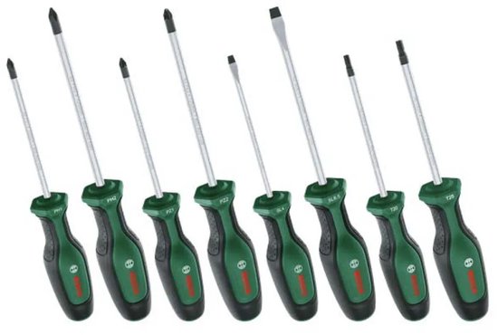 Acht Bosch schroevendraaiers met groene handvatten met PH1, PH2, PZ1, PZ2, SL4, SL6.5, T20, T25 markeringen.
