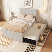 Gepolsterd Bed - 90x200 cm - Uittrekbaar met 3 Lades - Verstelbaar Hoofdbord - Linnen - Beige