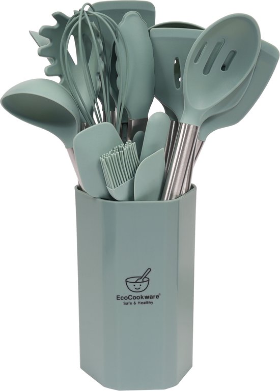 EcoCookware - Keukengerei - keukengereedschap - 15-delige set kitchentools in Sage Green - siliconen met RVS - hittebestendig - BPA en latex vrije keukenset - vaatwasserbestendig