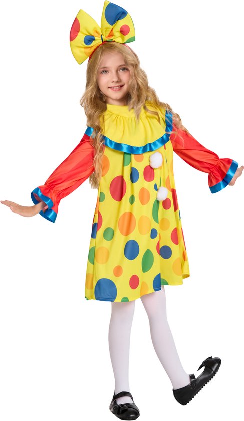Joya Kids® Clown Verkleedjurk Meisje | Vrolijk Clownskostuum | Verkleed Kleren Meisje | Inclusief Grote Strik Haarband | Meisjes Verkleedkleding Carnaval & Halloween | Maat 130 - 140 | 8-10 Jaar | Large