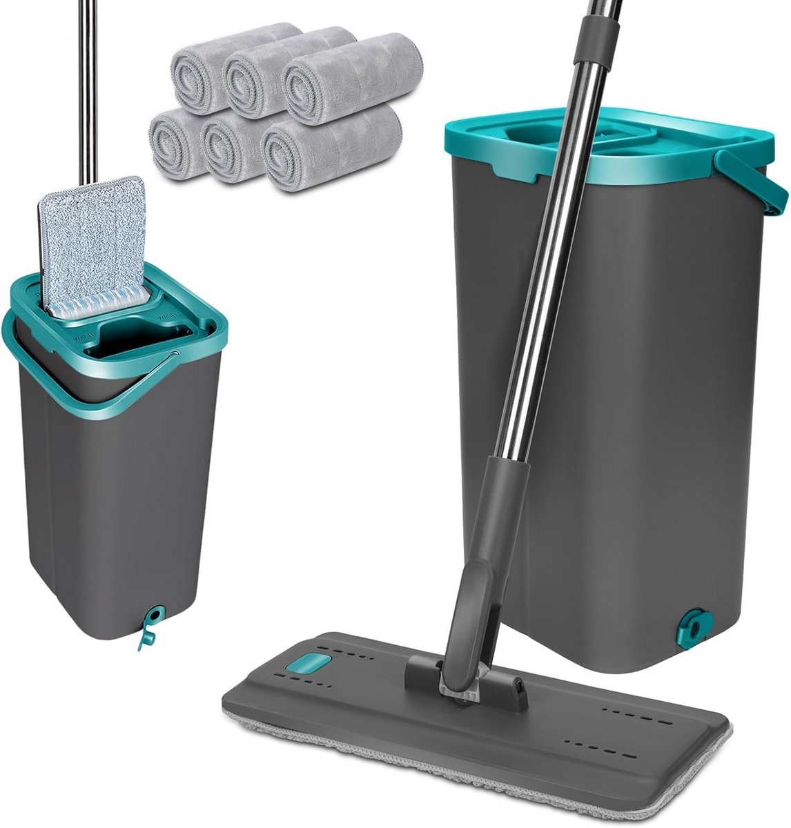 Dweilmopset met uitwringfunctie en microvezelpads voor alle soorten vloeren