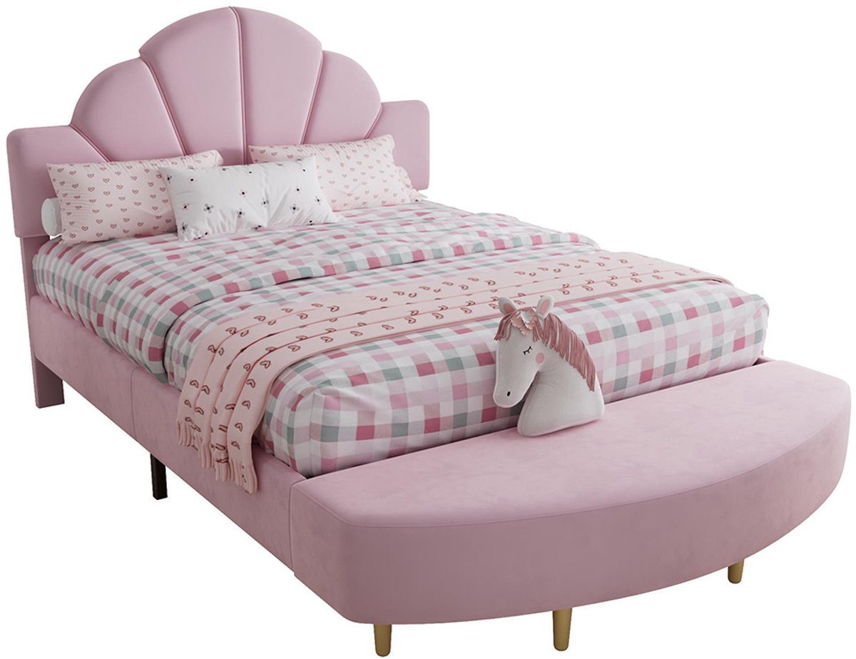 BLACKCOLORS Gestoffeerd bed, fluwelen hoofdeinde, met een bedbank in dezelfde kleur, zachte schokbestendige schuimrubberen randen, stabiel bedframe, fluweel + multiplex, roze, 140 x 200 cm