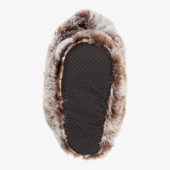 Onderkant van een bruine, pluizige konijnenpantoffel met antislipzool.