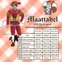 Maattabel voor het 1196 Pietenpak met afmetingen in cm voor kinderen van 4 tot 14 jaar.
