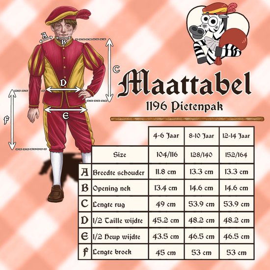 Maattabel voor het 1196 Pietenpak met afmetingen in cm voor kinderen van 4 tot 14 jaar.
