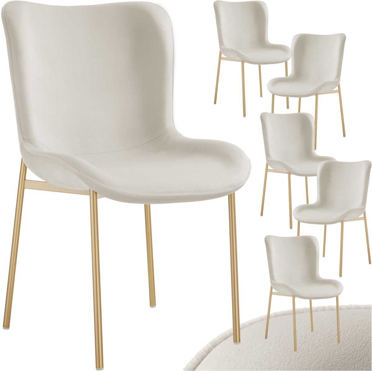 tectake® Gestoffeerde Stoelen - Set van 6 Eetkamerstoelen - Fluweellook - Ergonomische vorm - Hoge Rugleuning - Draagkracht 120 kg - Beige/goud