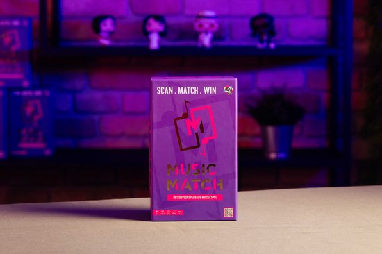 Paarse doos met gouden en roze logo "Music Match" en de tekst "SCAN. MATCH. WIN."