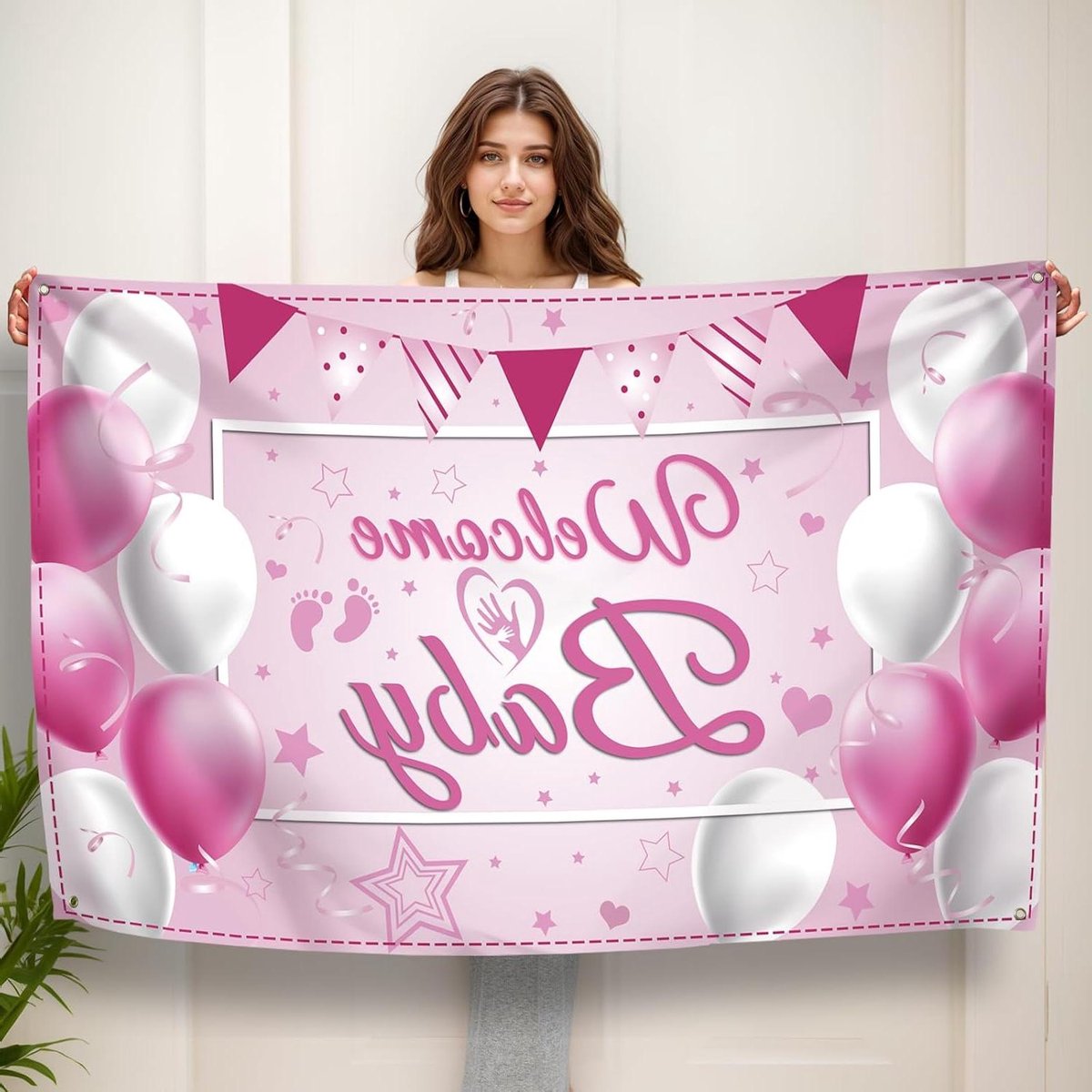 Provento - Decoratie voor babyshower, welkom baby meisje banner, feestversiering roze.