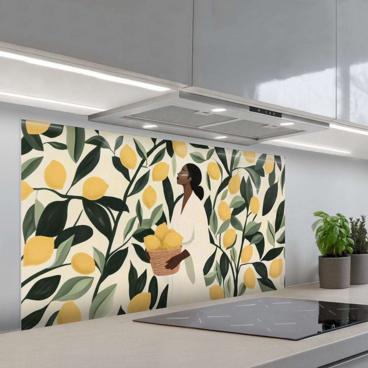 KitchenYeah Spatscherm 120x60 cm Zelfklevende achterwand Vrouw Mand Citroenen Bladeren Keuken muurbeschermer Spatwand fornuis