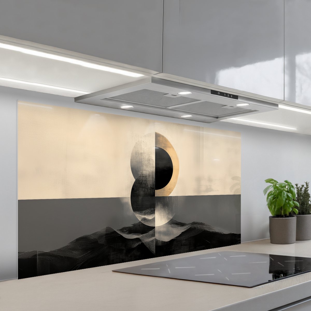 KitchenYeah Spatscherm 120x60 cm Zelfklevende achterwand Cirkels Schaduw Abstract Keuken muurbeschermer Spatwand fornuis