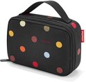 Zwarte lunchbox met veelkleurige stippen en een handvat. De Reisenthel-tag is zichtbaar.