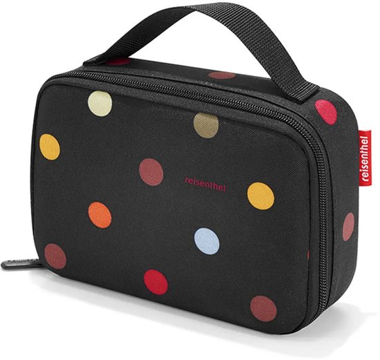Zwarte lunchbox met veelkleurige stippen en een handvat. De Reisenthel-tag is zichtbaar.