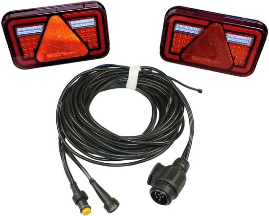 Ensemble d'éclairage Aspöck Multi LED pour remorque avec câble de 8m. Rouge avec triangle orange et feux de recul blancs.