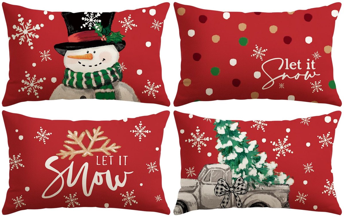 Unyqoos Set van vier sfeervolle kerstkussenslopen met sneeuwpop en boom design rood