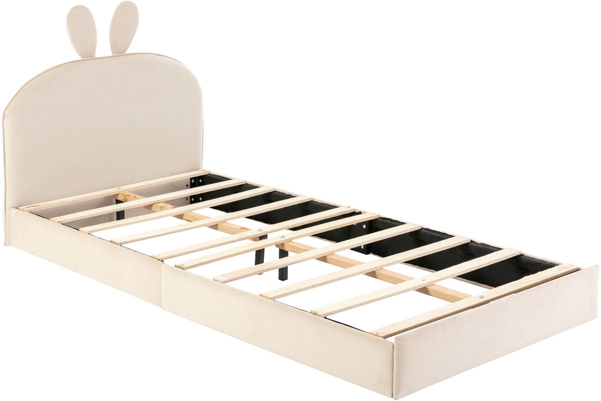 REDOM Kaninchen polsterbed - Kinder éénpersoonsbed 90x200 cm, beige velvet, konijnenhoofd, 12 latten, 100 kg draagkracht
