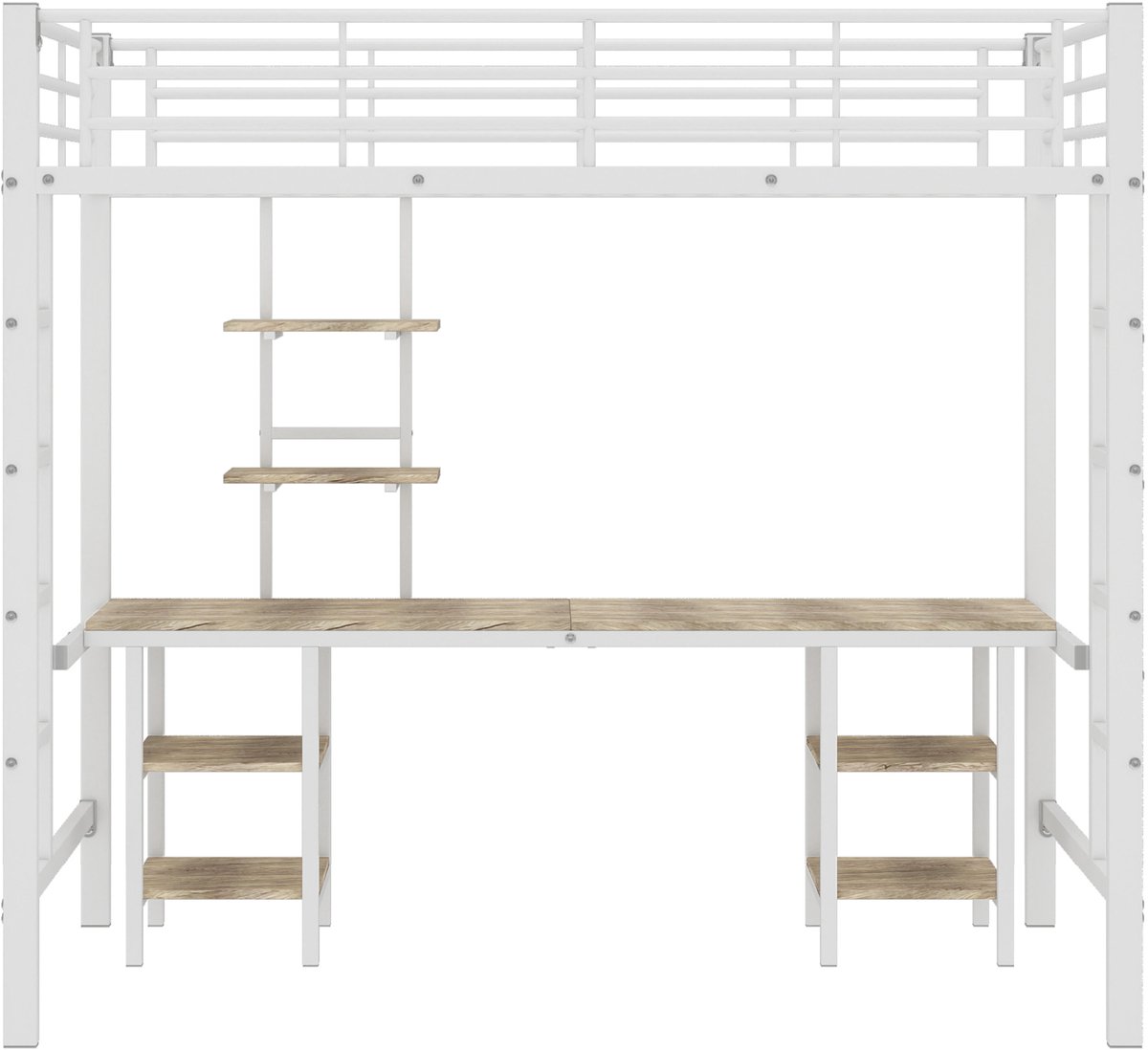 REDOM Stapelbed 90x200 cm – Wit – Met geïntegreerde werkplek, tafel & opbergrekken – Metaal/MDF – EN747