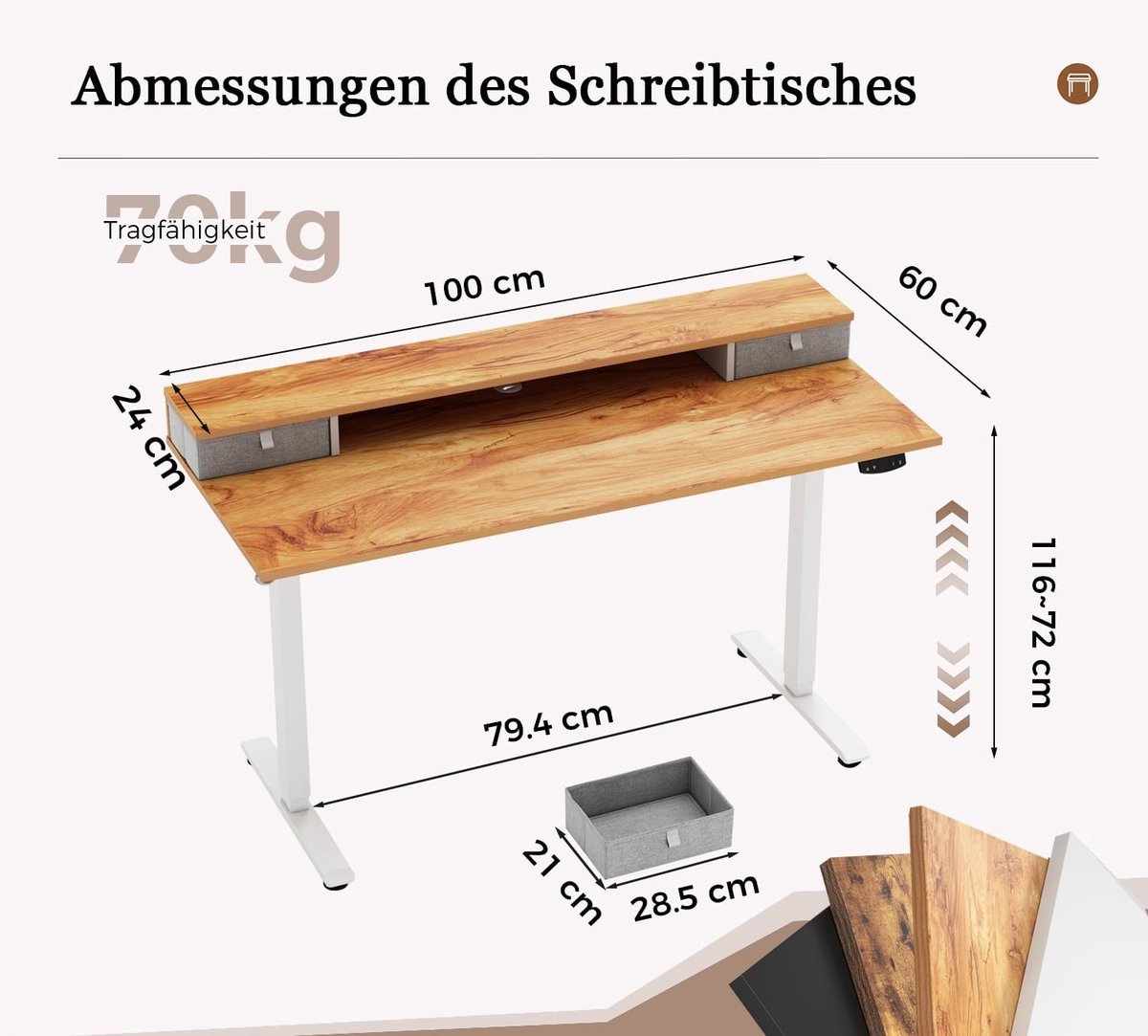 Elektrisch Verstelbaar Bureau – Ergonomisch Zit-Sta Bureau met Dubbele Laden – 100x60 cm – Stil & Traploos In Hoogte Verstelbaar – Computer Werkstation – LightOak™ by Elevora WorkSpace