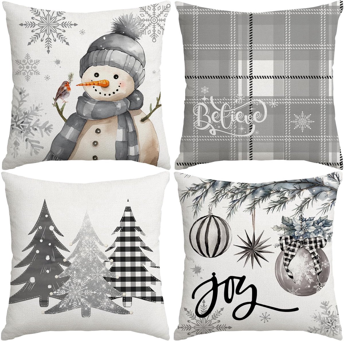 Unyqoos Set van 4 decoratieve kussenslopen voor winterse kerstdecoratie grijs