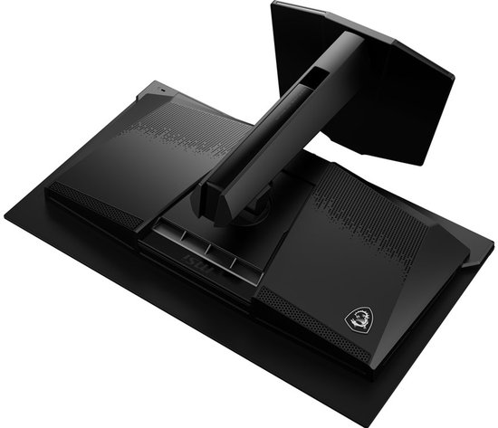 Achterkant van een MSI gaming monitor, met ventilatiegaten en een MSI logo.