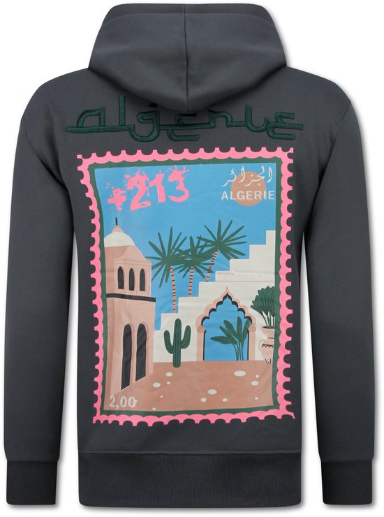 Sweat à capuche oversize pour homme - Imprimé Algérie - Tissu épais - 5816 - Grijs