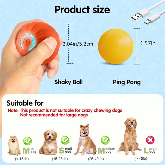 Hand die oranje, oplichtende bal vasthoudt, naast een gele pingpongbal. Productmaten en geschiktheid voor honden van klein tot medium formaat.