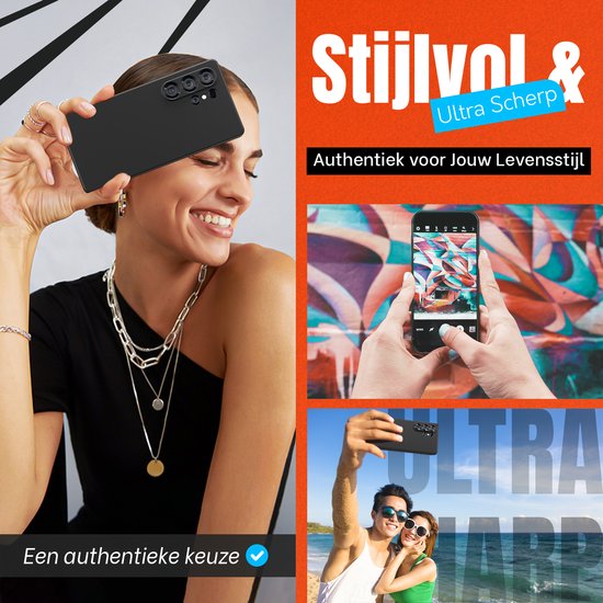 Stijlvolle en ultra scherpe zwarte telefoonhoes. Een vrouw houdt de hoes vast. Twee handen nemen foto's van kunst met een telefoon.