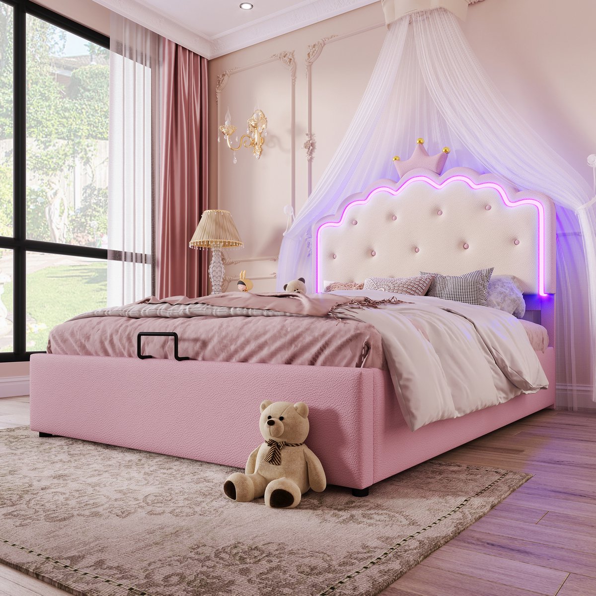 HAUSS SPOLE Gestoffeerd Bed 140x200 cm - Sfeervol Prinsessenbed Met Kronenhoofddeel En Hydraulische Opbergruimte - PU - Roze - Zonder matras