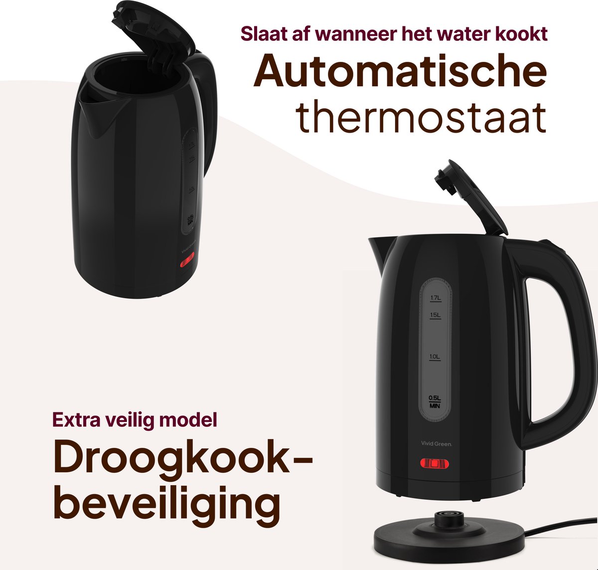 Vivid Green 2200W Waterkoker - 1.7L – BPA-vrij - Kalkfilter - Zwart — afbeelding 6