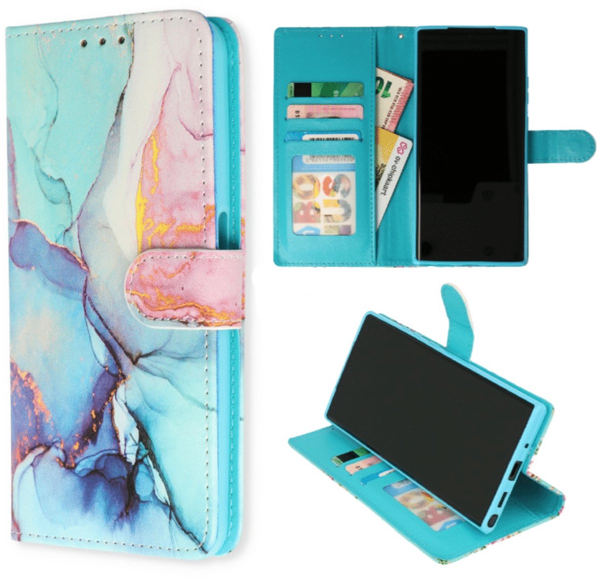 Cityhoesje - Bookcase iPhone 16 Pro – Magneetsluiting – Marmer Roze Blauw