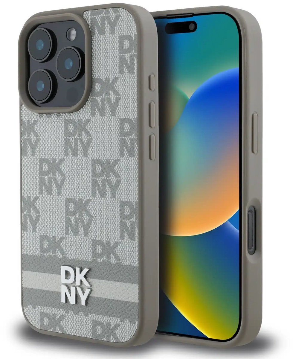 DKNY - Backcover iPhone 16 Pro Max - PU Leather Checkered Pattern and Stripe - Beige