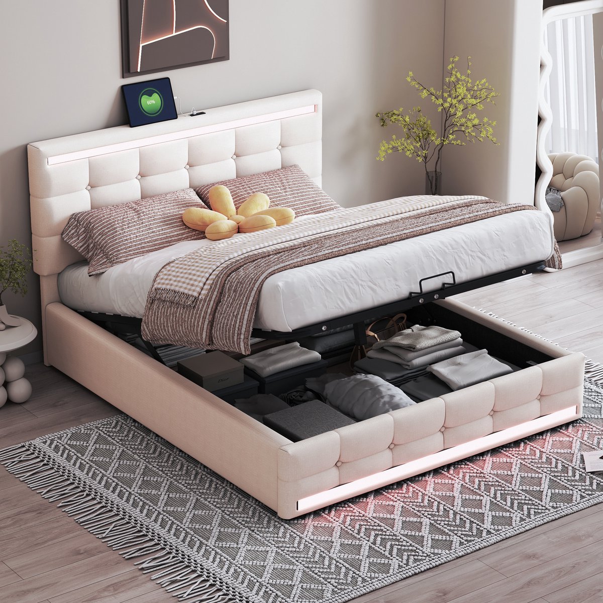 SONNENH Gestoffeerd bed 140x200 - Lattenbodem - Max. draagvermogen 350 kg - Verstelbaar hoofdeinde met 2 USB-poorten - LED-verlichting met Music Sync - Hydraulische opbergruimte - Beige/Grijs