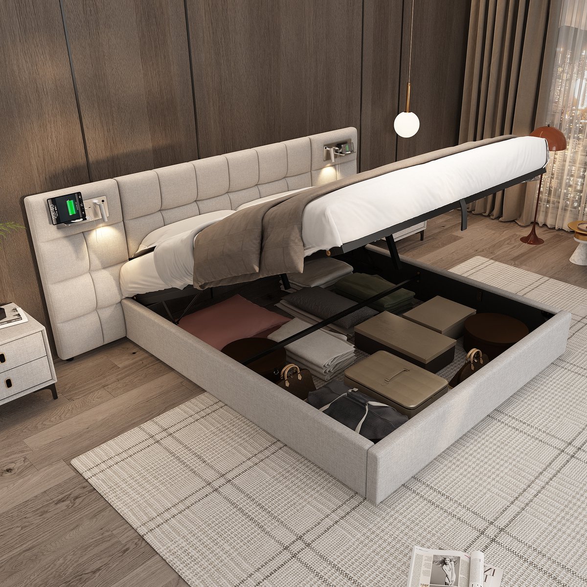 Bed 180x200 cm - Lattenbodem - Grijs Linnen - Hydraulische Opbergruimte - USB-poort & Draa