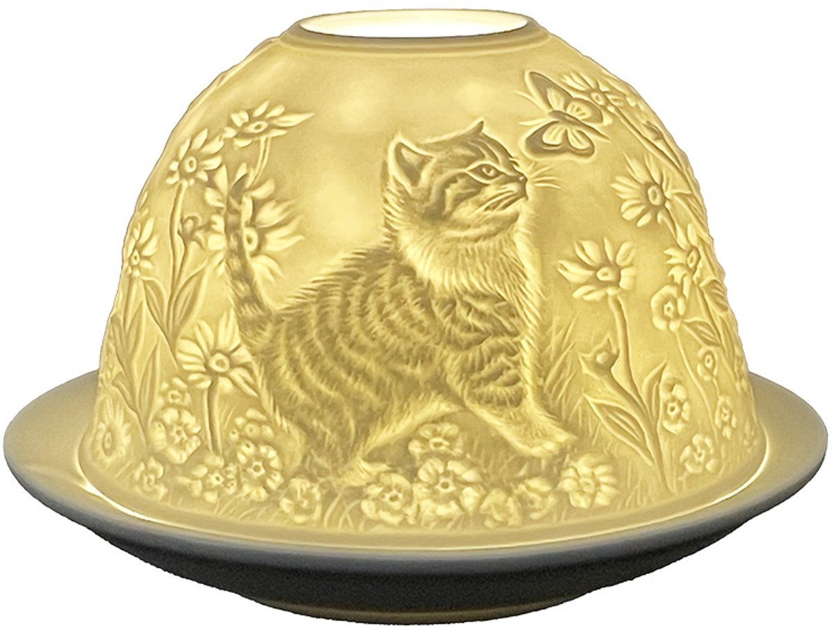 Clayre & Eef Waxinelichthouder Ø 12x8 cm Wit Porselein Katten