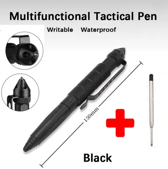 Action4you® - Stylo de défense tactique - Brise-vitre - Stylo à bille - Stylo d'autodéfense - 1 pièce avec recharge supplémentaire - Stylo de Survie - Zwart