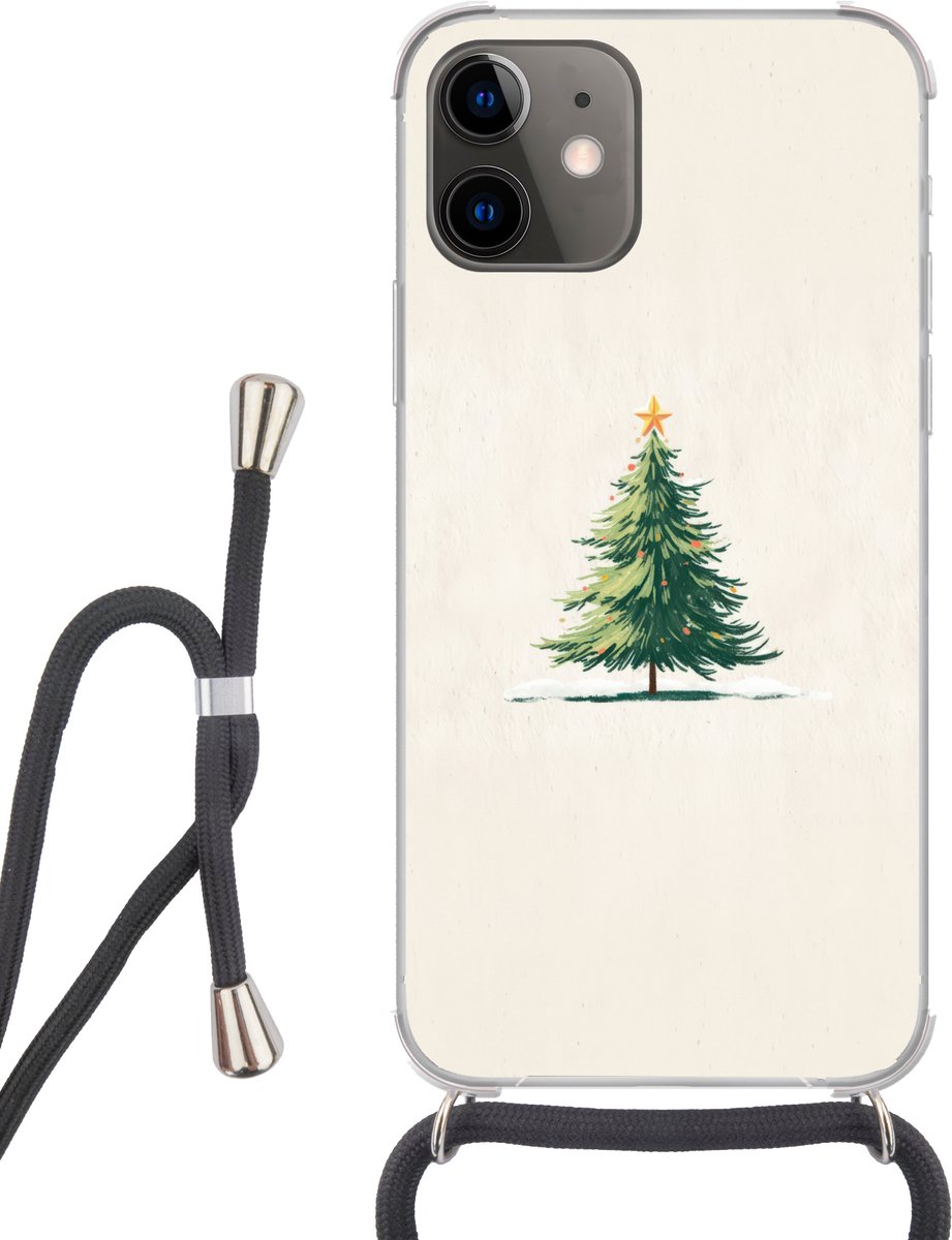 Telefoonhoesje Geschikt voor iPhone 12 Mini - Kerstboom - Illustratie - Ster - Sneeuw - Siliconen - Crossbody - Backcover met Koord - Telefoonhoesje met koord - Hoesje met touw Telefoonhoesje