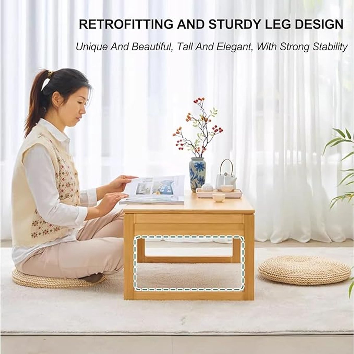 Vloertafel Hout Japanse Lage Salontafel – Opvouwbare Massief Houten Klaptafel – Theetafel & Laptoptafel – Minimalistisch Design – Voor Woonkamer, Eetkamer & Vloerzit – HomeByNicole