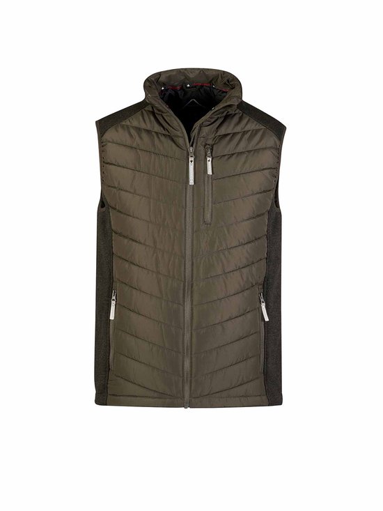 Olijfgroene gewatteerde bodywarmer met donkergrijs gebreide zijkanten, staand op een witte achtergrond.