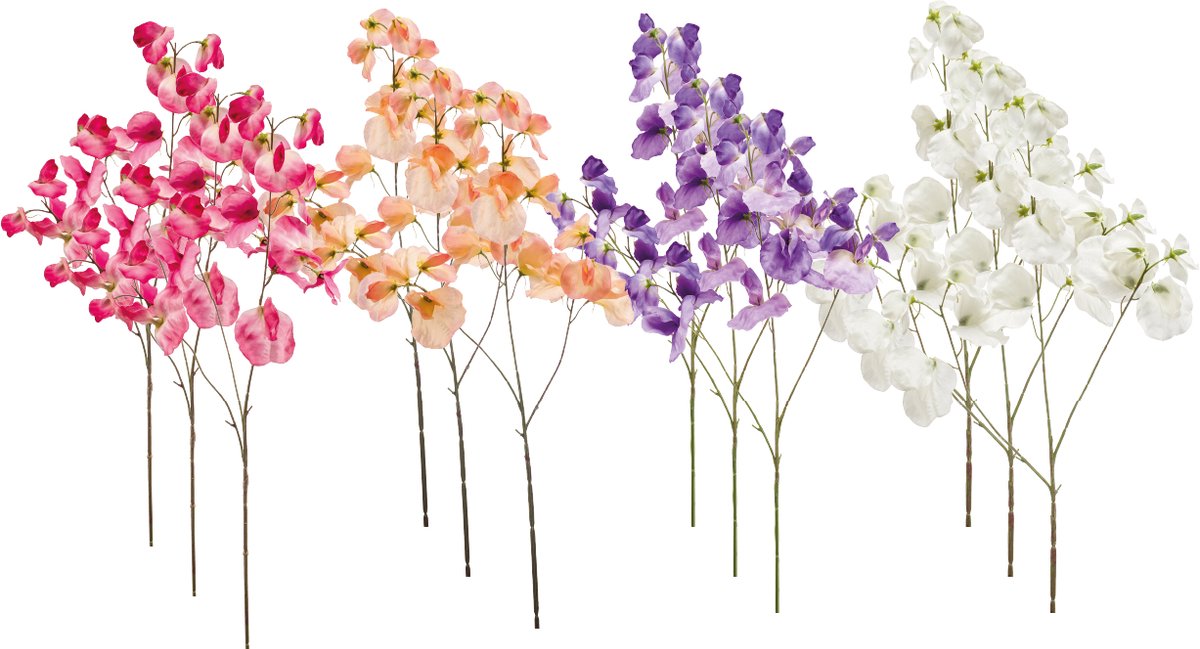 Emerald Kunstbloem Pronkerwt 75cm - Set van 12 - Kunstplant voor binnen Roze, Peach, Paars & Créme - Set van 12