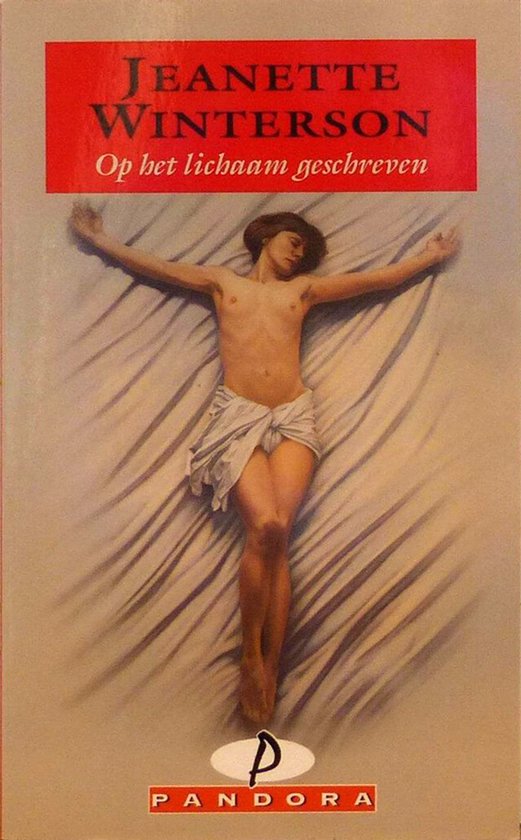 Couverture du livre 'Op het lichaam geschreven'. Une femme nue est allongée sur un lit, les bras écartés.