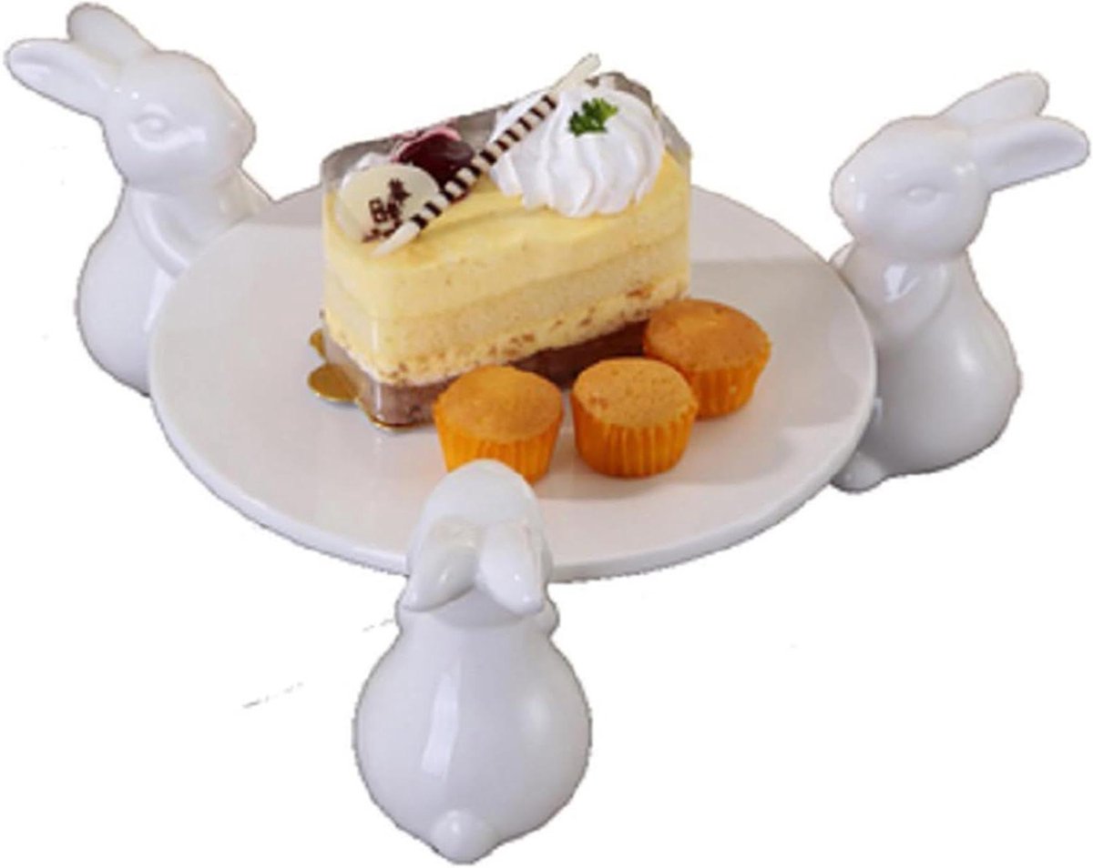 Provento - Cake stand met konijn motief voor dessert serveren en sieradenorganizer met drie konijnen - ideaal voor Pasen, bruiloft en Moederdag!