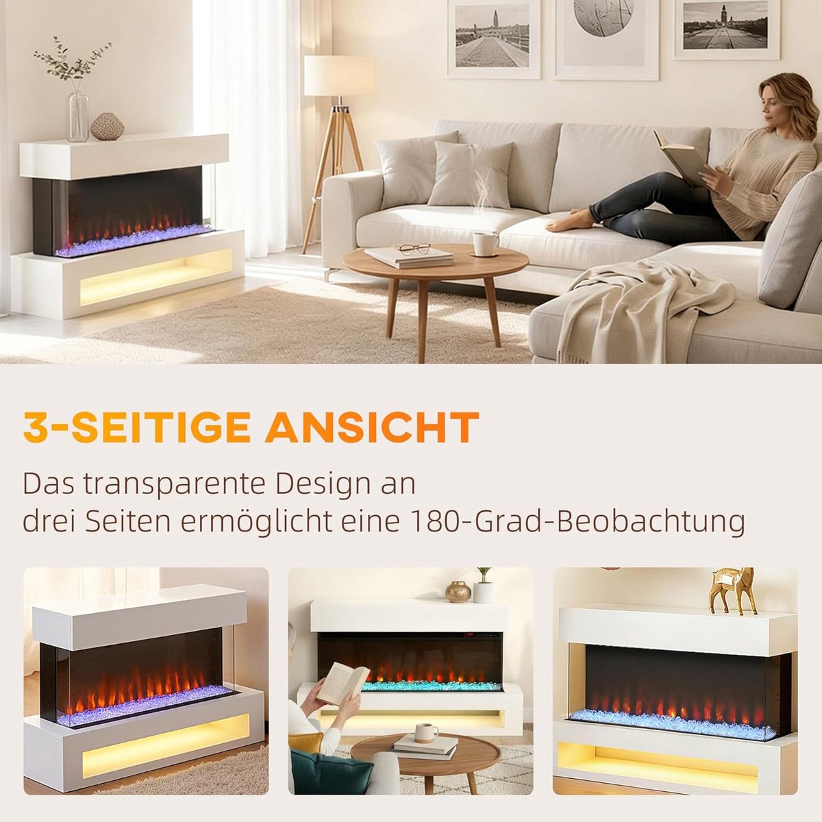 Luxe Elektrische Sfeerhaard met Verwarming en 11-Kleuren Vlameffect – 2000W Wandhaard met Thermostaat, Kristaldecor, Timer & Afstandsbediening – Stil & Modern Design – Wit