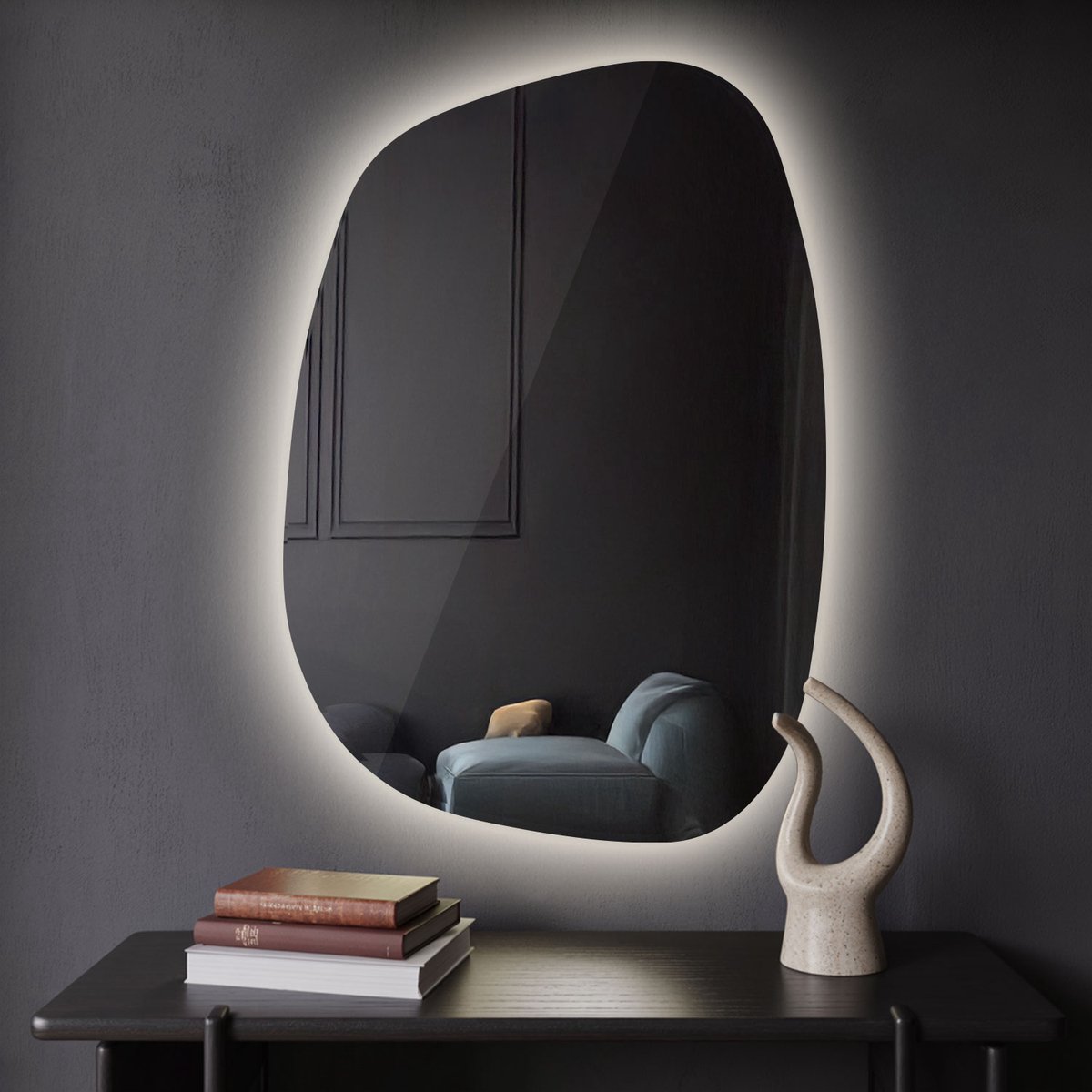 Coloray Spiegel LED - LED Spiegel Organische Vorm - 90,9 cm x 66 cm - Grote Organische Woonkamer Spiegel LED - Organisch Gevormde LED Spiegel - Neutraal Licht - Boho LED Spiegel - Grote Organische Spiegel Woonkamer LED