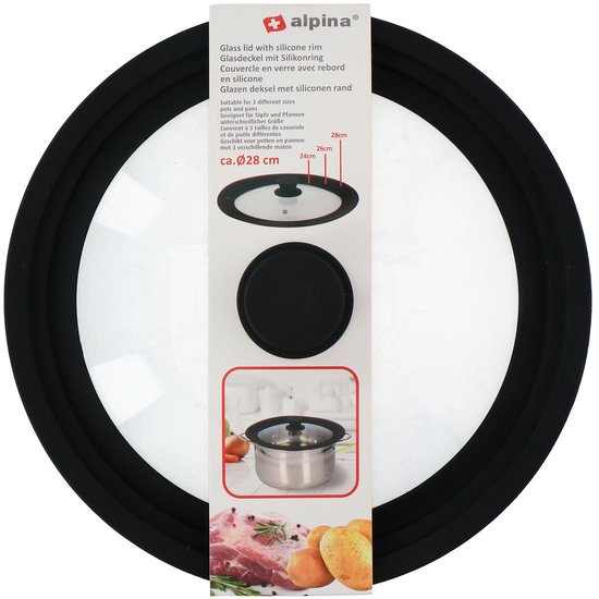 Couvercle Casserole Universel Alpina Verre 24-28cm - Bord Silicone Anti-éclaboussures