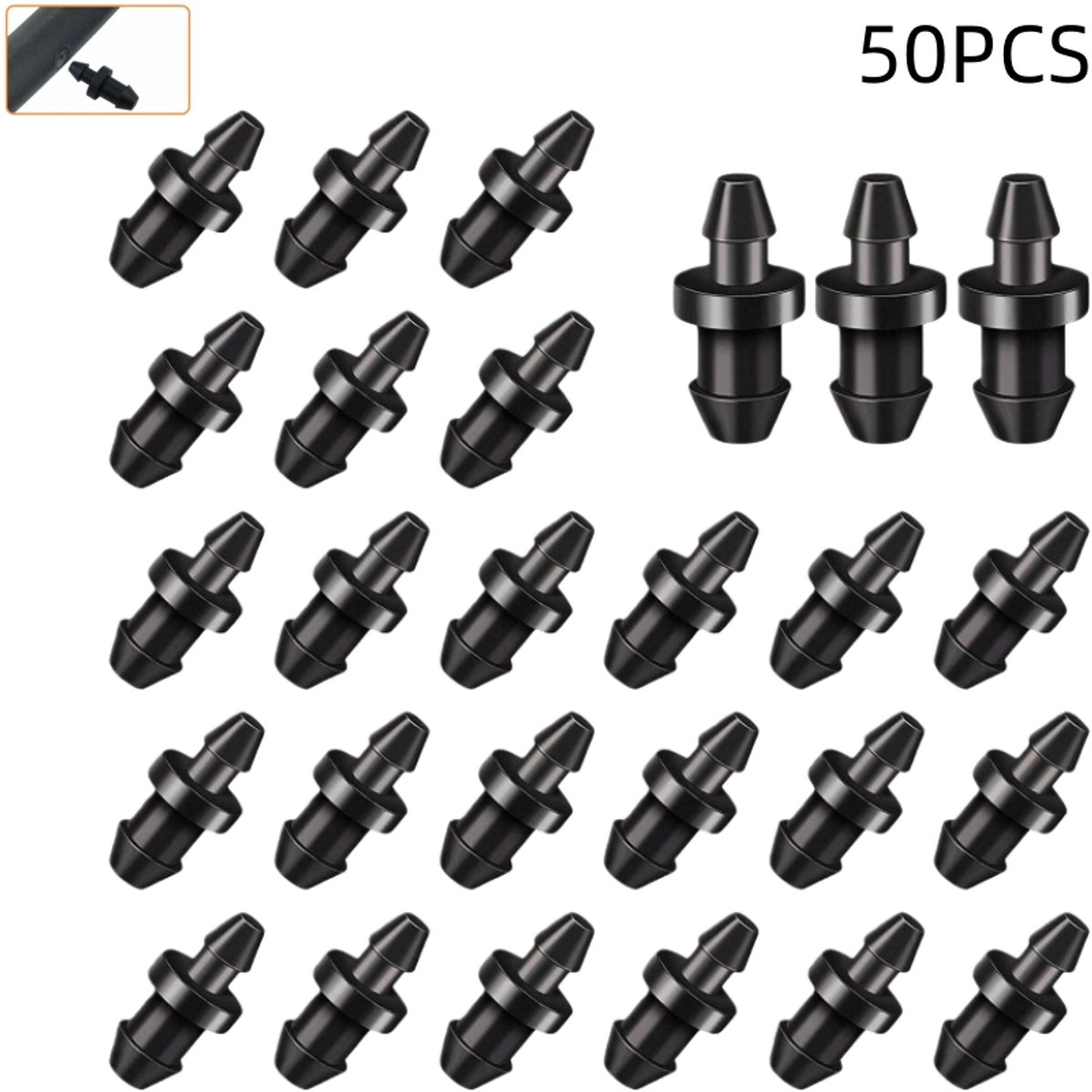 50 stuks - Druppelirrigatiepluggen 1/4" slangkoppelingen met weerhaken - aansluitkap voor druppelirrigatieslang - voor druppelirrigatieslangen, waterafscheiders, druppelleidingen, tuinslangen - zwart - 20.2×7×5.2mm