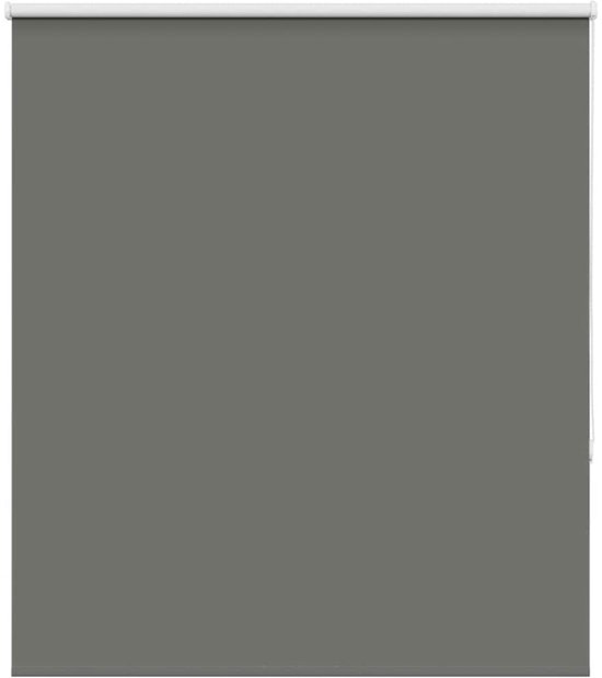 Store enrouleur gris fermé avec un bord supérieur blanc.
