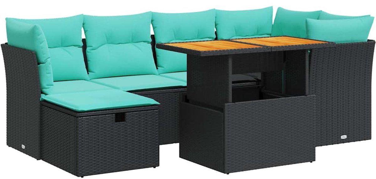 vidaXL 7-delige - Loungeset - met - kussens - poly - rattan - acacia - bruin zwart