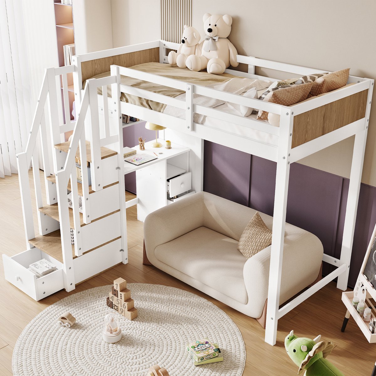 HAUSS SPOLE Etagebed 90x200 cm - Bovenbed Met Volledige Omheining - Onderbureau Met 3 Lades & Opberglade In Trap - Massief Hout+MDF - Wit+Naturel - Zonder matras