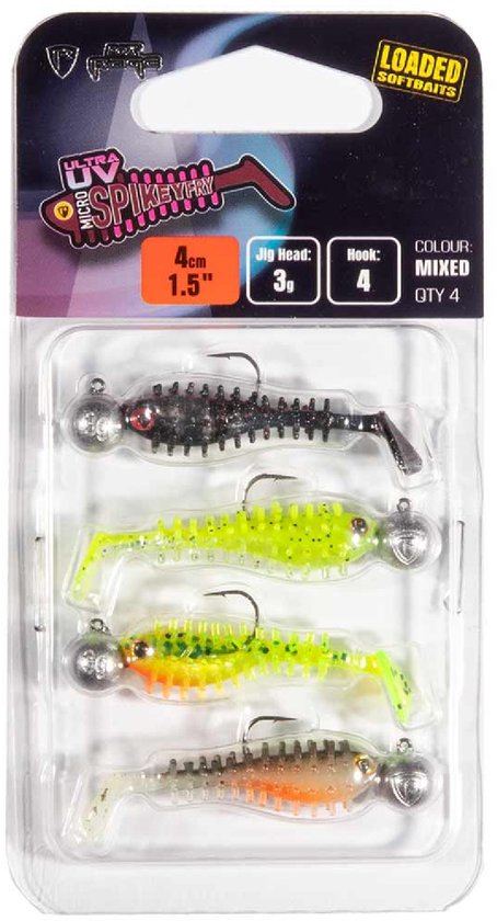Leurre souple Fox Rage Loaded Ultra UV Micro Spikey Fry 4 cm 3 g hameçon 4 (4 pièces) Couleurs mélangées