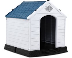 COSTWAY Hondenkennel, hondenhok van kunststof, hondengrot met verhoogde vloer & waterdicht dak, hondenkennel, voor tuin binnen buiten, blauw+wit (87.7x78.5x81.5cm)