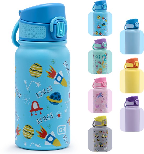 BentOH! Bouteille d'eau RVS 350ml pour Kinder - Espace - Anti-débordement & Étanche – À ouvrir d'une seule main – BPA-free & Lave-vaisselle